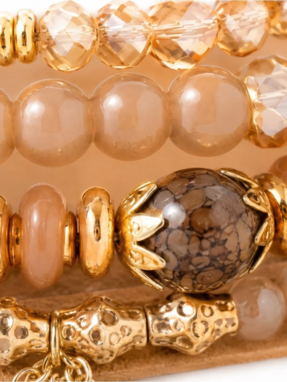 Boho Neutral Beaded Bracelet Stack Gold Tone Crystal Charm Stretch Bracelets